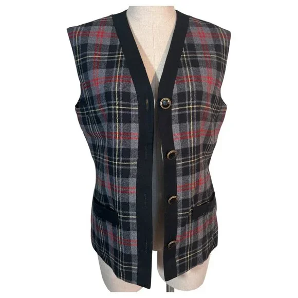 Vintage Pendleton Womens Tartan Gray Plaid Wool Vest Black Belvet Trim Size 6 - Picture 2 of 9